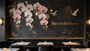 Restaurant interior featuring custom branded wall mural