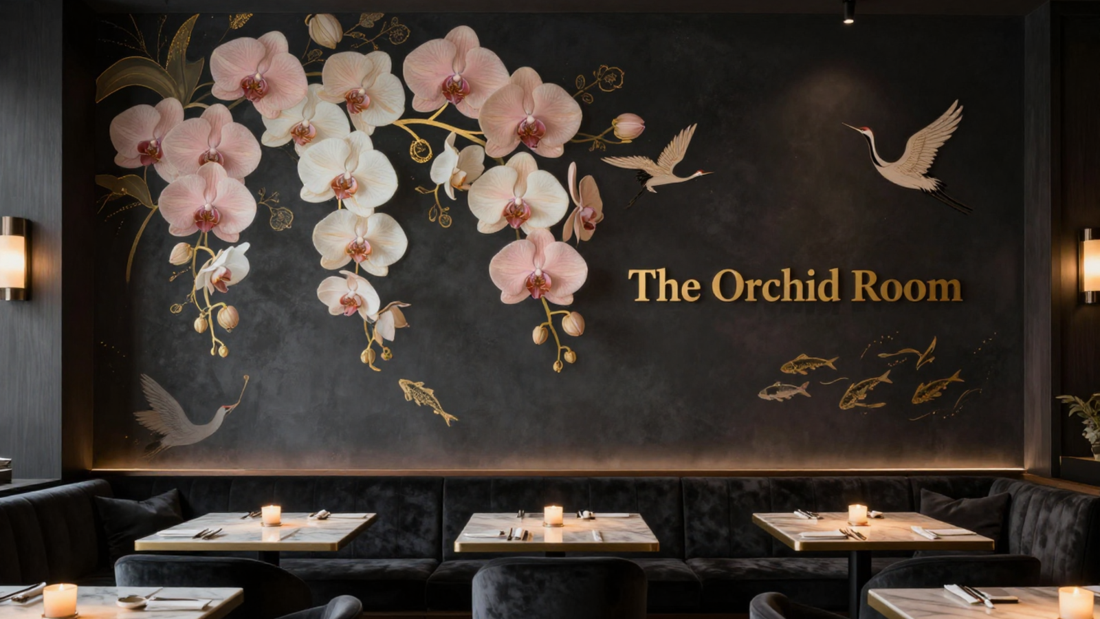 Restaurant interior featuring custom branded wall mural